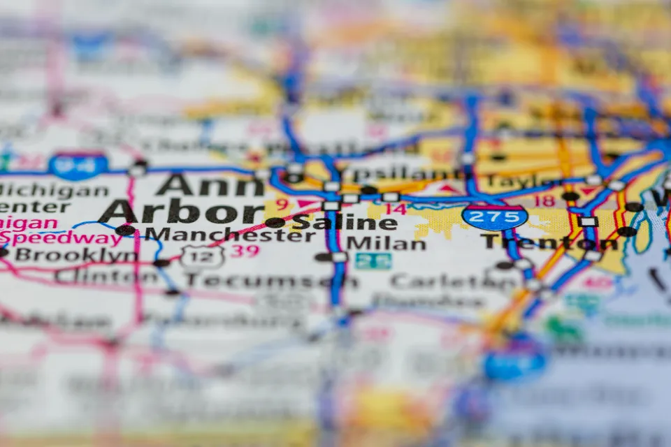 Close up of a road map showing major roadways around Ann Arbor Michigan
